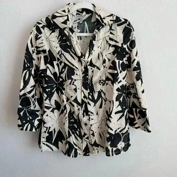 Harve Benard Woman's Black Beige Floral Linen Blend Button Up Blouse Size L - Picture 6 of 11